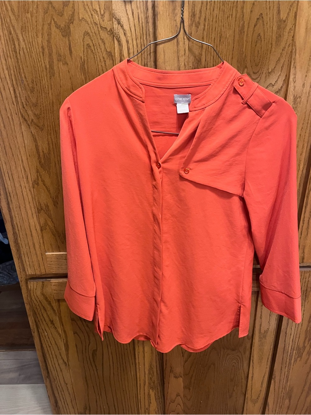Chico's Coral Orange Split-Neck Button Accent Blouse
